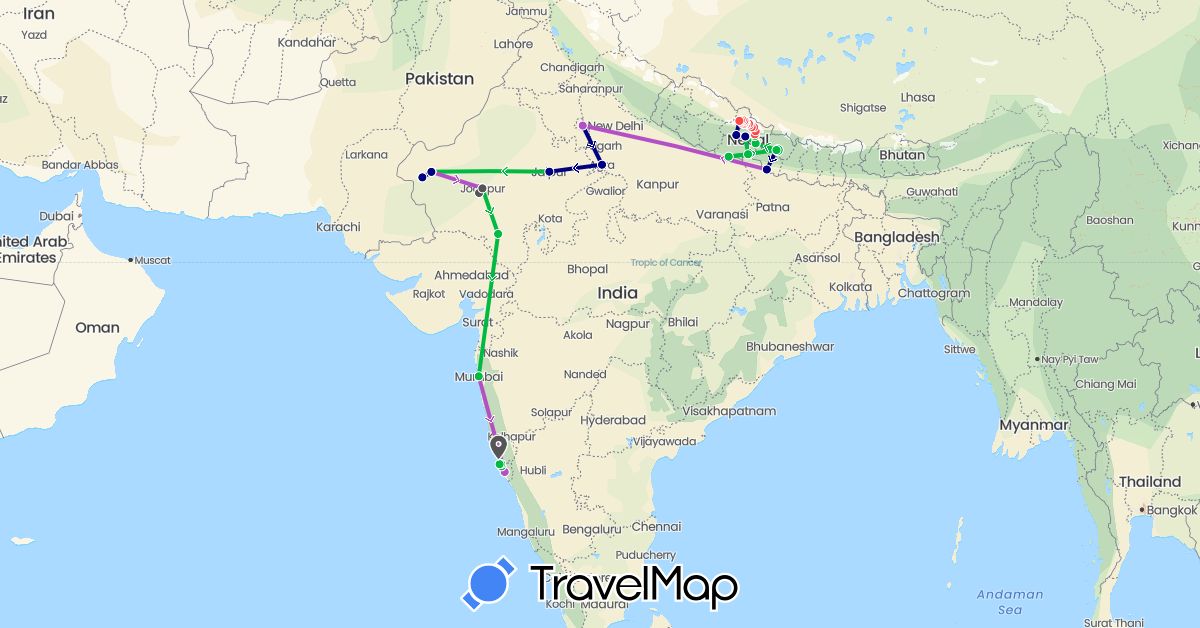 TravelMap itinerary: driving, bus, train, hiking, motorbike in India, Nepal (Asia)